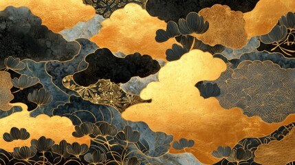 A scene shows clouds in different colors with gold accents. The background has detailed patterns resembling plants. This artwork combines nature and artistic creativity.
