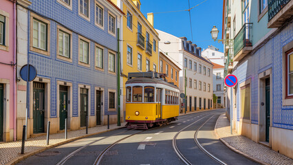 Fototapeta premium : Classic Lisbon cityscape featuring the iconic yellow vintage tram traveling through a narrow street with tiled houses. Sunny day with vibrant colors and traditional Portuguese atmosphere. High-quali