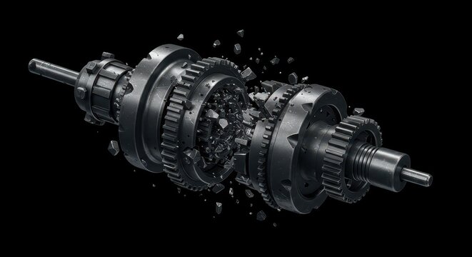 A complex mechanism with exposed gears and fasteners is visibly broken and jammed, showing total system failure and irreparable damage ,obsolete ,error ,metal