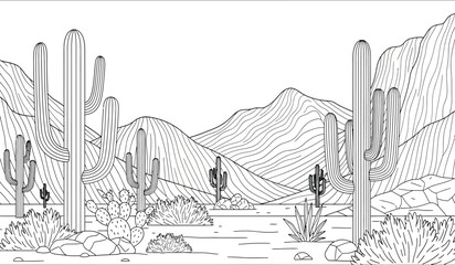 a detailed black and white illustration depicts a classic desert landscape featuring saguaro cacti rolling mountains and sparse vegetation in a southwestern style © rsvect02
