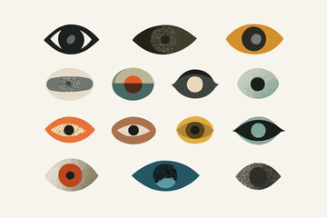 Abstract eye symbols and geometric icons arranged in a clean grid. Minimal vector illustration for branding, UX design, presentations and corporate communication. Copy space included