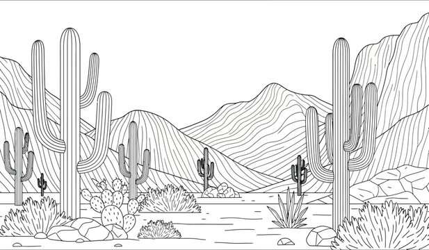 a detailed black and white illustration depicts a classic desert landscape featuring saguaro cacti rolling mountains and sparse vegetation in a southwestern style