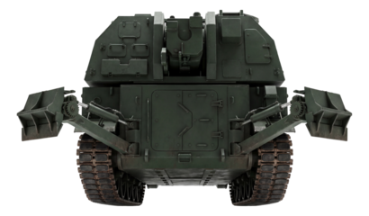 Self-propelled artillery unit featuring long tracks and rear stabilizing spades.