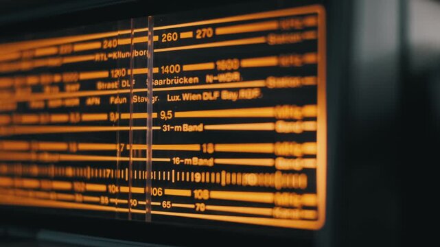 Macro shot panning across a vintage analog radio tuner display with an orange scale. The black dial features text showing frequencies, wavebands, and European stations.