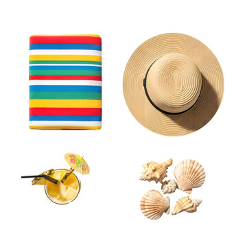Summer vacation essentials including a beach towel, hat, cocktail, and seashells isolated on transparent background