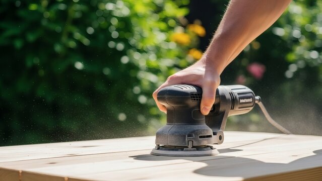 Sanding Wood Outdoors Hand smooths surface with electric sander Backyard DIY. - Powered by Adobe