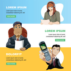 office workers with phone. male and female businessmen holding phone using devices, calling hotline. vector cartoon flat banners.