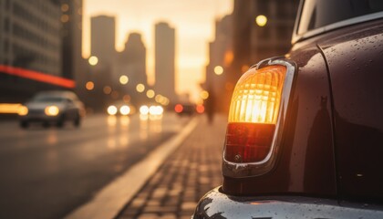 Close up of glowing orange taillight on vintage car parked on city street at dusk with blurred traffic and buildings in distance