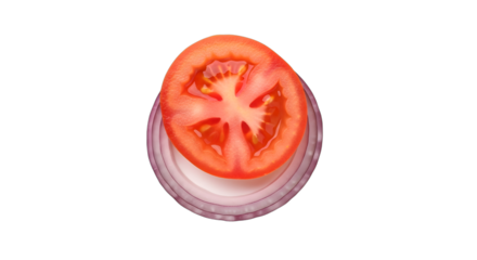 Slice of red tomato on top of purple onion rings isolated on transparent background