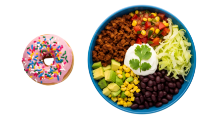 A pink frosted donut with colorful sprinkles next to a healthy burrito bowl isolated on transparent background