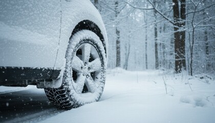 White car tire covered in fresh snow parked on a winter forest trail with blurred frozen trees in the background