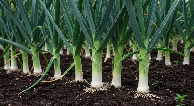 Freshly grown large green and white leeks rooted deeply in fertile dark garden soil, ready for harvest in the vegetable patch, farm, root, culinary