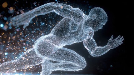 a futuristic wireframe hologram of an athlete running with a dark background and light particles and sparks surrounding the runner