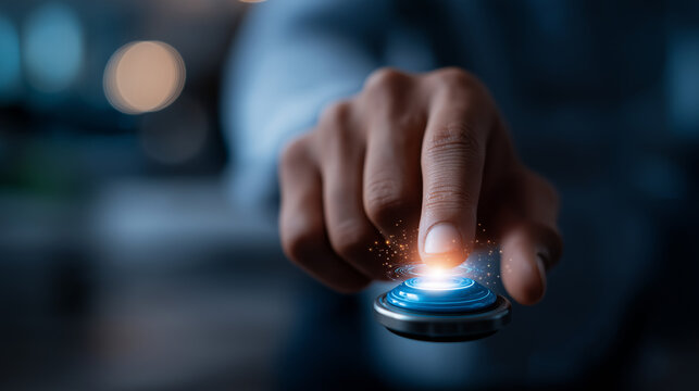 Close up of faceless hand about to press glowing blue start button heavily defocused futuristic digital interface background anonymous person with numerical and circuit like - Powered by Adobe