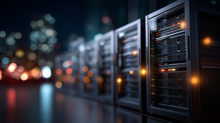 Collection of server unit with front panel heavily defocused background displaying diagnostic information and status lights full length isolated on transparent backdrop data