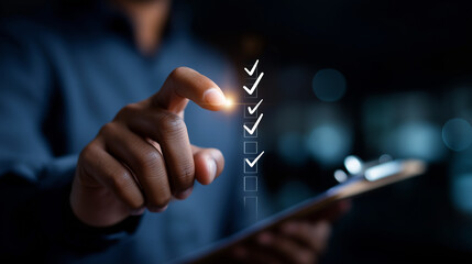 Faceless man's finger touching digital interface with checkmarks heavily defocused background anonymous hand with clipboard icons representing tasks completion visualization pro