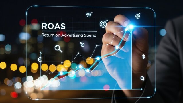 ROAS Boosting Advertising ROI with Tech Interface in Urban Nightscape.