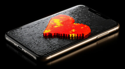 Pixelated heart integrated into a mobile interface, cubes scattered nearby. Visual metaphor for tech-enabled empathy, virtual affection, and algorithmic matchmaking across platforms
