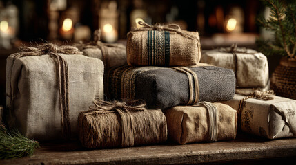 Natural, hand-wrapped gifts in burlap, linen, and kraft paper tied with twine on a wooden surface, warm lighting, cozy neo-rustic style, zero-waste holiday and mindful gifting aesthetic