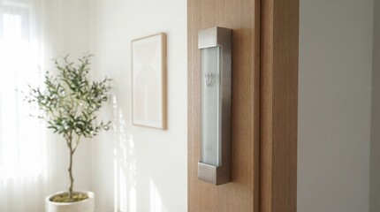 Modern mezuzah case on a doorway