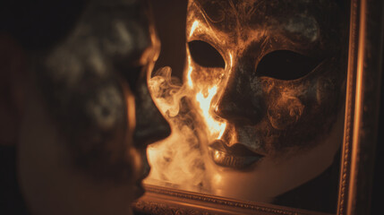 Close-up of a masked figure facing a mirror, with swirling smoke and dramatic lighting. Conceptual image exploring duality, transformation, and inner reflection