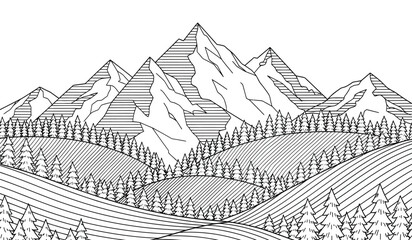 A detailed black and white illustration depicts a majestic mountain range with coniferous forests and rolling hills creating a serene landscape high quality © rsvect02