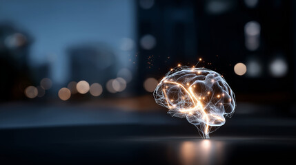 Human brain computer mind interface with glowing neural mesh heavily defocused background artificial intelligence concept for science tech and innovation cognitive computing