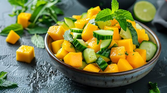 A vibrant bowl of mango and cucumber salad garnished with fresh mint on a textured gray surface