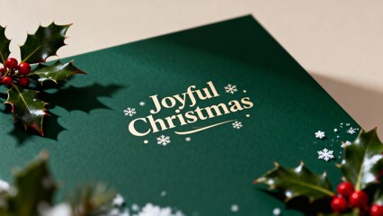 joyful green christmas card with christmas decorations