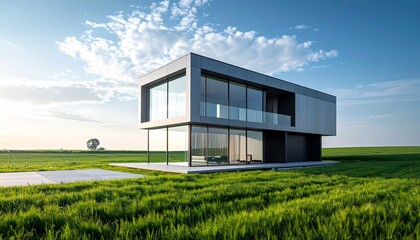 Modern minimalist house with glass walls in open grassy field under bright blue sky with scattered clouds.