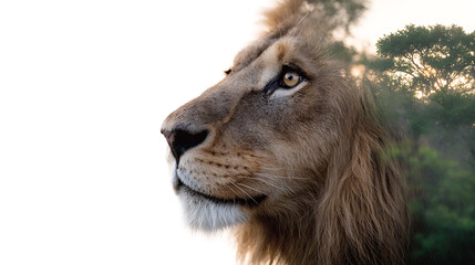 Fototapeta premium Lion head profile overlaying african savanna trees