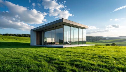 Modern minimalist house with glass walls in open grassy field under bright blue sky with scattered clouds.