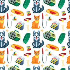 pets items pattern. interior home animals accessories, toys, veterinary items. vector flat seamless pattern.