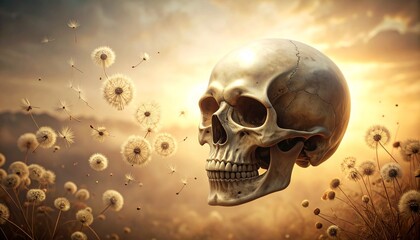 Surreal composition of human skull surrounded by dandelions in seed dispersal against golden sky with soft clouds.