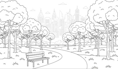 Obraz premium a detailed black and white line drawing depicts a tranquil park scene with lush trees a winding path and a distant cityscape skyline