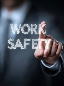 business man pointing to transparent board with text work safety no logos no brands ar 34