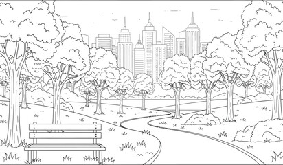 a detailed black and white drawing showcases a tranquil park scene with winding paths lush trees and a distant cityscape forming a scenic backdrop