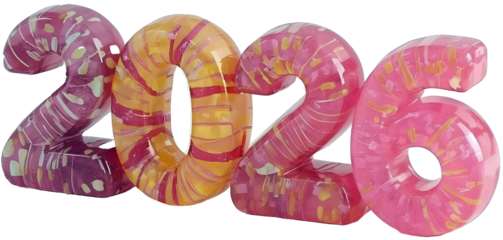 The image shows the number 2026 styled as glossy, translucent candy-like forms in pink and yellow tones on a black background, resembling sculpted sweets or jelly.