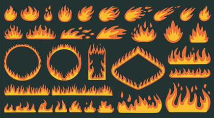 Horizontal fire flames, frames of fiery geometric shapes around a circle, square, and triangle, burning and flying lights, isolated vector set perfect for animation, digital effects, gaming graphics