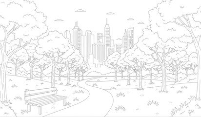 Obraz premium a detailed black and white illustration depicts a serene park scene with towering skyscrapers in the background featuring trees and a path