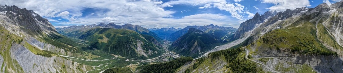 Fototapeta premium Aerial view toward Courmayeur valley from Pavillon du Mont Frety - Courmayeur, Italy