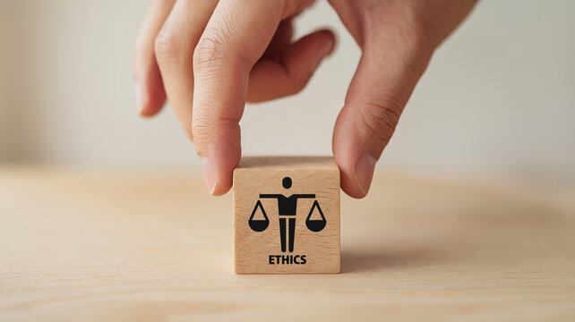 Business ethics concept. Business moral principles concept. Hand holds the wooden cubes with "ETHICS" symbols on grey background and copy space. Banner for business integrity, good governance policy.