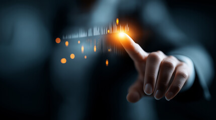 Futuristic holographic interface with faceless finger interacting heavily defocused background anonymous hand with glowing data visualization chart digital analytics interaction