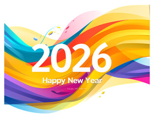 Obraz premium 2026 Happy New Year greeting with colorful abstract flowing waves on transparent background