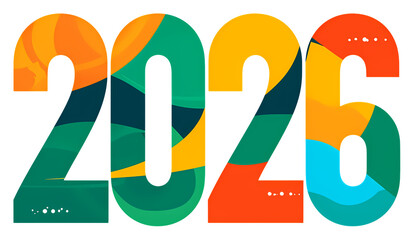 Stylized “2026” digits with colorful gradients and geometric patterns on transparent background.