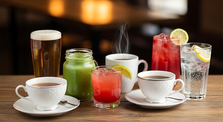Assortment of refreshing beverages including coffee, tea, juice, and cocktails on a wooden table.