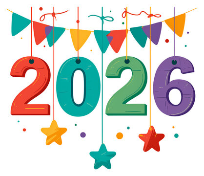 Colorful &ldquo;2026&rdquo; digits hanging from strings with stars and pennant flags on transparent background.