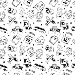 traveling icons pattern. tourism vacation collection, suitcase, beach, airplane, passport, ticket, hotel. vector cartoon seamless pattern.