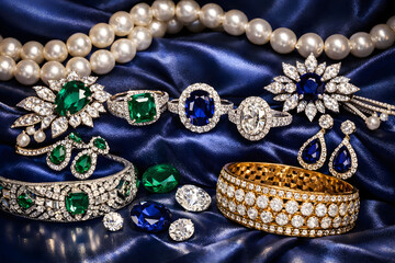Luxury Jewelry Collection with Diamonds, Emeralds, and Sapphires on Blue Silk