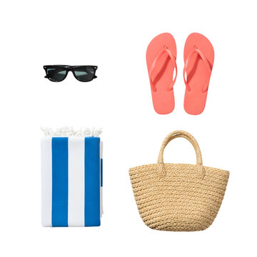 Beach essentials including sunglasses, flipflops, towel, and straw bag, isolated on transparent background